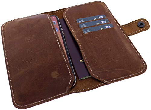 Burkley Echt Leder Handytasche Organizer mit Kartenfächer passend für z.B. iPhone XR/iPhone 11 / Samsung Galaxy A52 / / A52s / S10 Plus / S20 Plus (Shabby Chic Braun, XXL)