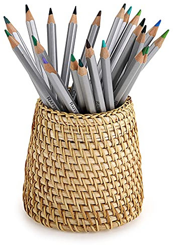 BSTKEY Organiseur de bureau en rotin tissé à la main pour crayons, articles de papeterie, pinceaux de maquillage (cône)
