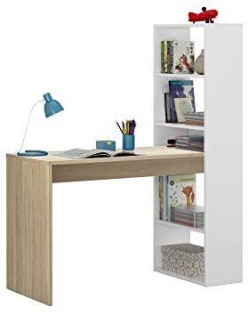 Arreditaly Scrivania Con Libreria Reversibile Kirkensen Scrittoio Scaffali Laterali Mobile Desk da Ufficio Soggiorno Sala Da Pranzo 120 x 144 x 53 cm Colore Bianco e Rovere