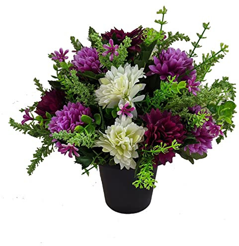 Artificial Spikey Mum Flowers in Crem Grave Pot - Memorial Insert (Purple)