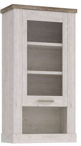 Forte Duro Hängevitrine 70, Moderne Landhaus Hängevitrine mit Glastür, Wohnzimmer, Holzwerkstoff, Pinie Weiß/Antikeiche Holzdekor, 71,2 cm breit x 136,5 cm hoch x 34,4 cm tief