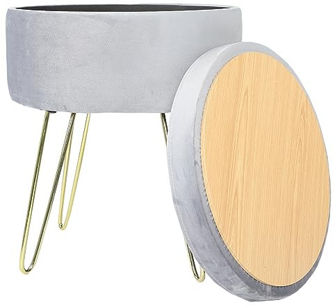 YITAHOME Runder Sitzhocker Velvet Schminktisch Hocker, Ottoman Gepolsterter Hocker Fußhockermit goldfarbenen Metallbeinen, Grau