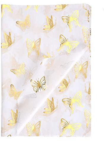 KINBOM 20 Stück 35x50cm Geschenkpapier Seidenpapier mit Gold Schmetterlings, Gold Seidenpapier zum Verpacken für Weihnachten Hochzeit Geburtstagsfeier Babypartys Kunst (Weiß Hintergrund)