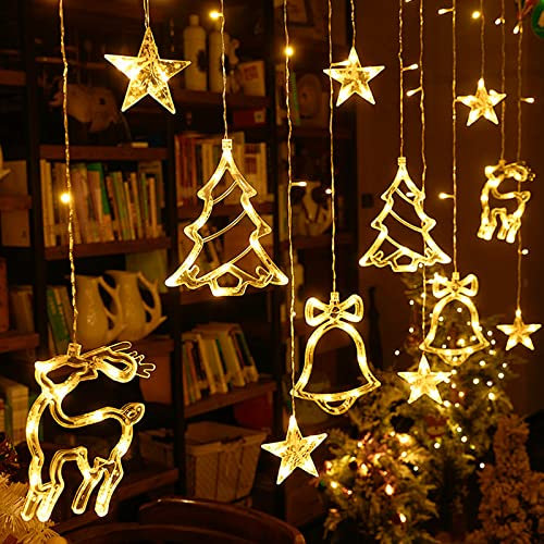 YUENFONG 138 LED Lichtervorhang Weihnachtsbeleuchtung Weihnachtsdeko Lichterkette mit Weihnachtsmuster & Sterne, 8 Modi mit Stecker, für Innen Außen, Hochzeit, Garten(Warmweiß)
