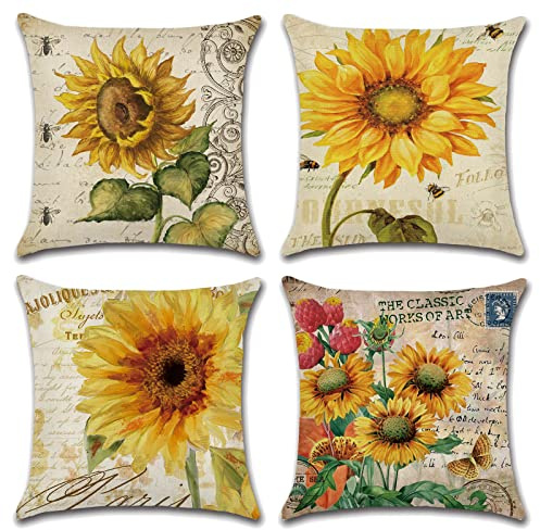 OCEUMACO Leinen Kissenbezug 50x50 Sonnenblume Kissenhülle 4er Set Sofakissen Dekokissen Bezug für Couch Sofa Vintage Blumen Muster Kissen Kissenbezüge Outdoor Deko Zierkissen Couchkissen - Gelb
