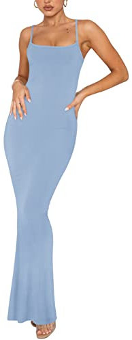 REORIA Women's Sexy Casual Lounge Slip Long Dress Elegant Wedding Guest Sleeveless Backless Ribbed Bodycon Maxi Dresses Blue Large