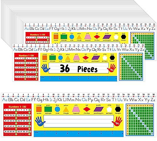 36 PCS Schreibtischnamensschilder, beidseitige PET-Film Schreibtisch Namensschilder mit Alphabet, Zahlen, Multiplikationstabelle, Formen, Farben und Lineal, abwischbar & wiederverwendbar (35cm x 10cm)