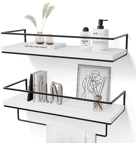 DifferTemp Wandregal Weiß, Regal Weiß Wand, Schweberegal mit Handtuchhalter, Regalbrett Freischwebend 2er Set, Moderne Dekorative Hängeregal für Küche, Badezimmer, Wohnzimmer usw (Weiss)