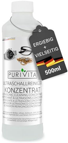 PURIVITA - Concentré de Nettoyant liquide pour produits ultrason - Multi-usages - Nettoyeur Bijoux, lunettes et bien plus encore - nettoyant ultrason - 500 ml