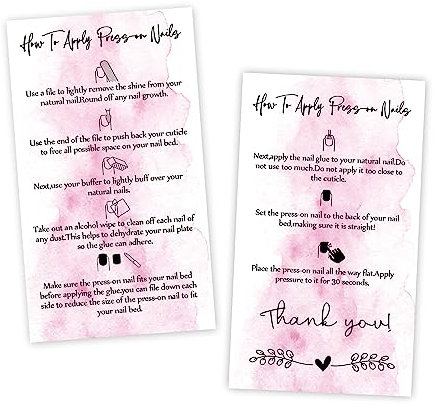 Press-On Nail Application Instructions Cards, Aftercare Instructions Cards, 50 Pack 3.5 x 2inch inch Business Card Size, DIY Press-On Nail Kit, White and Pink Design