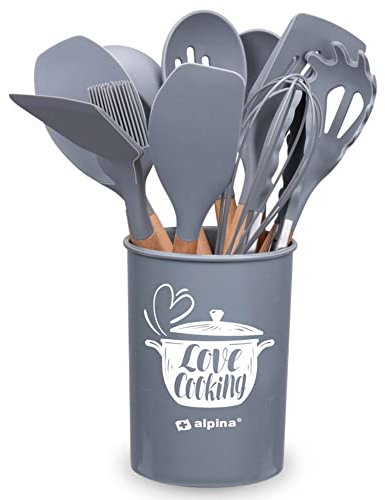 alpina Batterie de cuisine avec support - 12 pièces - Ustensiles en silicone avec manche en bois - Gris