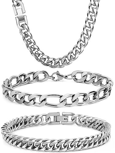 Aospkle Männerschmuck Edelstahl Kette Geschenk für Männer 3-teiliges Set aus kubanischen Glieder-Figaro-Armband und Halskette, Silber Robuste kubanische Glieder-Figaro-Kette für Herren, 18 cm