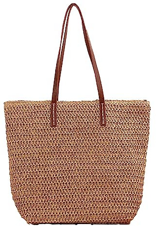 WEHOMY Paris Milano Strohtasche, Handgefertigte Damen-Strohtasche, Strand-Reisehandtasche, Neue Gewebte Tasche, Stroh-Strandtasche Für Frauen, Für Urlaub, Picknick Und Party (Brown)