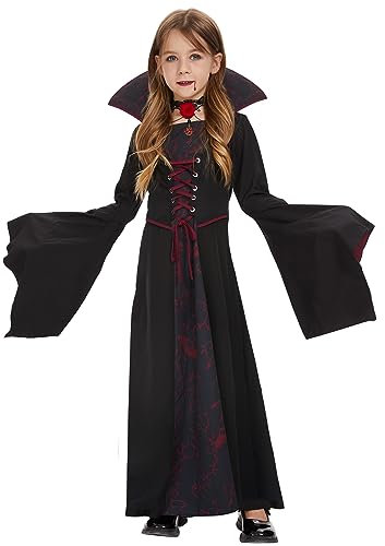 FORMIZON Vampir Kostüm Mädchen, Gothic Vampirkostüm mit Rosen Rubin Halskette, Schwarz Rot Vampir Halloween Kleid für Kinder Mädchen, Vampir Prinzessin Kostüm für Halloween, Fasching, Karneval (140)
