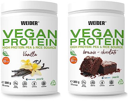 Weider Vegan Protein PACK DUO (2x300g) Sabor Vainilla+Chocolate. Proteína 100% Vegetal Guisantes (Pisane) y Arroz. Con Vitamina B12 y Fibra de Acacia. Sin Gluten, Sin Azúcar. Bote 50% Reciclado.