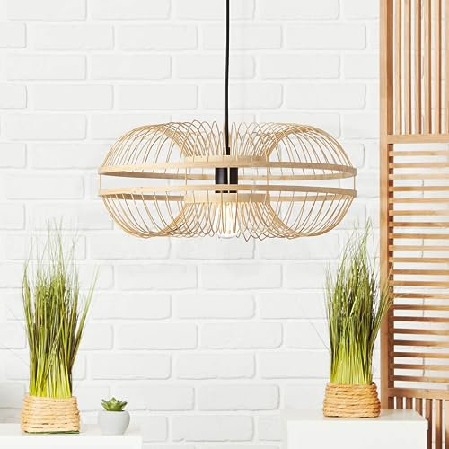 Lightbox ovale Hängelampe mit Ø 48 cm - Boho Pendelleuchte mit kürzbarem Kabel - E27 Fassung - max. 40 W - aus Metall/Bambus - in Schwarz/Beige