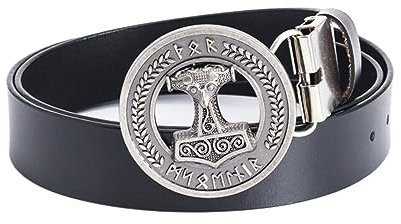 JIARY Herren Gürtel Thor-Hammer-Schnalle, Gürtel Herren Western Cowboy, Ledergürtel mit Wikinger-Thorshammer-Muster Runder Legierungsschnalle Vintage-Gürtel,Black a,130CM/51.2''