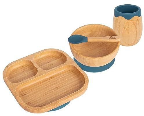 Tiny Dining Baby Feeding Set - Divided - Navy Blue - 4pc - Divided Non-Slip Bamboo Self-Feeding Weaning Plate, Bowl, Drinking Cup & Spoon for Babies, Toddlers, Children