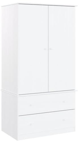 vidaXL Kleiderschrank, Garderobenschrank mit Kleiderstange, Schlafzimmerschrank Schrank mit 2 Schubladen, Holzschrank Flurschrank, Weiß Massivholz Kiefer