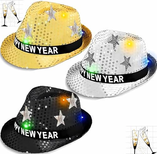 Bdecoll 3 Stück Neujahr Silvester Partyhut Gold Schwarz Silvester Partyhut Frohes Neues Jahr Fedora hüte Dekorationen für Silvesterpartydeko Accessoire