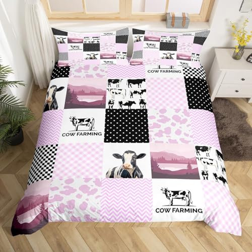 Manfei Kuh Bettbezug Set S Größe,Kuhfell Kuh Haut Rustikale Bauernhaus Bettwäsche Set,Mädchen Jungen Kabine Dekor,Geometrische Plaids Streifen Patchwork Tröster Bezug,Lila romantische Quilt Cover