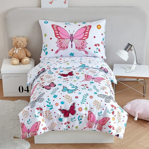 STYHO Kids Duvet Cover Set Double White Pink Girls Butterfly Bedding Set Ultra Soft Reversible Colorful Floral Duvet Set for Teens Children(Butterfly, Double)