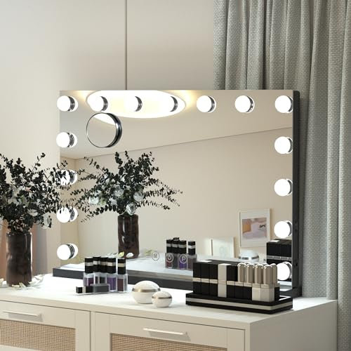 eklipt Schminkspiegel mit Beleuchtung 58x45cm,15 Dimmbare Groß LED Licht Hollywood Spiegel mit Beleuchtung,3 Farbtemperatur Licht, Touch Control Tischplatte oder Wandhalterung