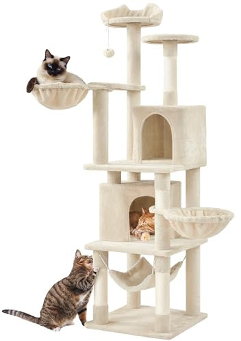 Yaheetech Arbre à Chat Géant Hauteur 175 cm avec 2 Plate-Formes Perchés 2 Paniers 2 Condos en Peluche Cordes en Sisal Beige