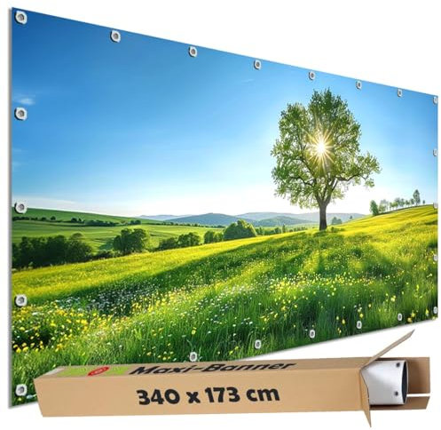 TRIOSK Sichtschutz Garten Dekoration Plane groß mit Natur Motiv Sommer Blumen Wiese Motivbanner Blickdicht für Terrasse Zaun Gartenzaun Gartenposter PVC Zaunblende 340x173 cm