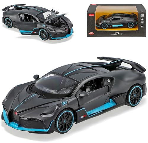 Generisch Bugatti Chiron Divo Coupe Matt Grau mit Schwarz und Blau Version Ab 2018 1/32 Modellauto für Kind und Teenager, Metall, Handbetrieben, Indoor, 14,5 cm