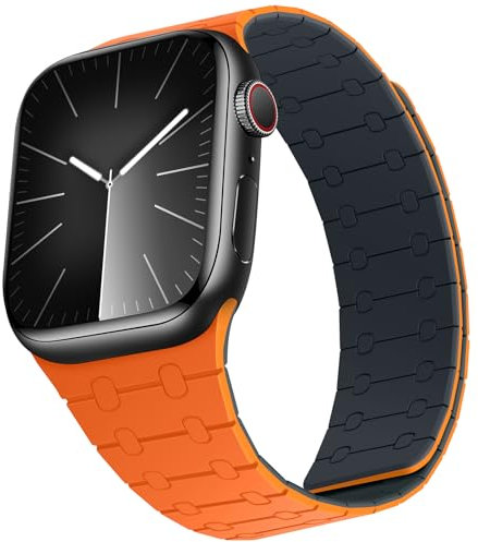 ZZDZZ Compatibile con Cinturino Apple Watch 49mm 46mm 45mm 44mm 42mm 41mm 40mm 38mm, Cinturini Silicone Magnetica per iWatch Ultra 2 Series 10/9/8/7/6/5/4/SE (42/41/40/38, Arancione/Blu Notte)