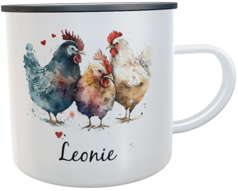 Emaille-Tasse Hühner Geschenk Dankeschön Eier Hühnerhof Kaffeebecher Huhn Leicht & Robust für Outdoor (Hühner aquarell)