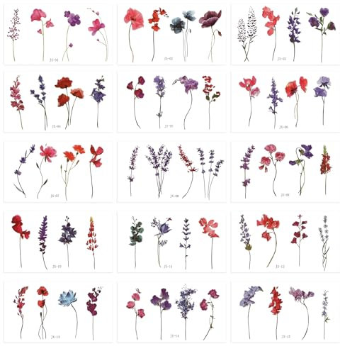 Lusofie 15 Sheets Flower Tattoos Temporary Watercolor Lavender Lily Violet Verbena Floral Temporary Tattoos Fake Tattoo Stickers for Women Face Body Arm