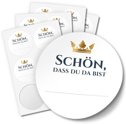 48 Aufkleber SCHÖN, DASS DU DA BIST für Hochzeit Geburtstag Danke Taufe Etiketten rund 4cm, Jubiläum Krone