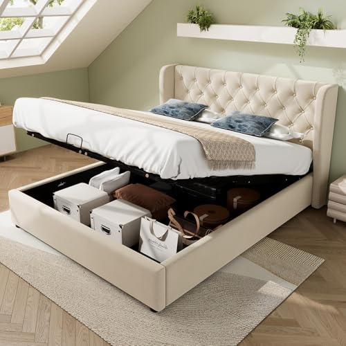 Sapgaks Bett 140x200 mit lattenrost,Polsterbett,Samtstoff Große Knopfnähte Doppelbett,Hydraulisches Funktionsbett mit Stauraum,Bettkasten mit schmutzabweisendem Samtstoff bezogen,beige