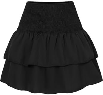 seiveini Blumenrock Damen Röcke Sommer Boho Rock mit Rüschen Kurz Plisseerock Hohe Taille Elastische Sommerrock A Linie Faltenrock Minirock B Schwarz M