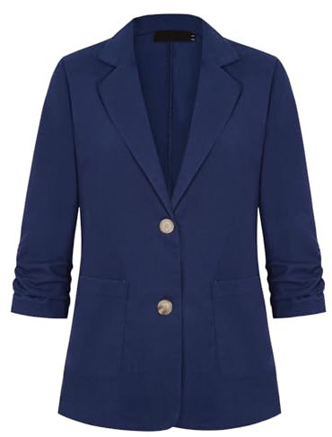 LADI TREND Ladies Chic 3/4 Ruched Sleeve Cotton Linen Lightweight Blazer Engagement Outerwear Top Cocktails Parties Jacket Suits Summer Blazers (Navy XL)