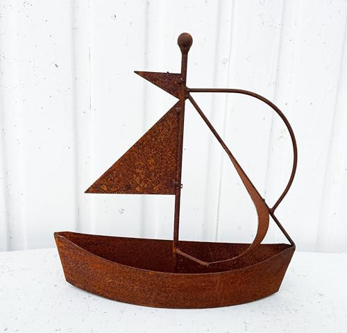 STEINFIGURENWELT GIEBEN Edelrost Schiff zum Bepflanzen 29x27cm Rost Blumentopf Segelschiff Boot Edelrost Maritime Gartendeko