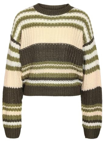 Noisy May Damen Nmcharlie L/S O-Neck Stripe Knit Noos Pullover, Kalamata/Stripes:Green Moss + Oatmeal + Eggnog, S EU