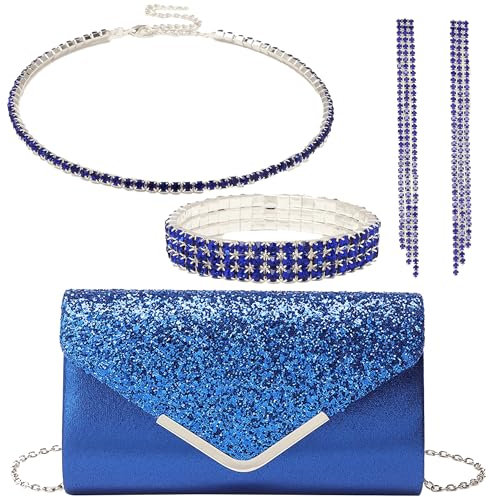OUAYEMEL Damen-Handtasche mit Glitzer-Umschlag, Pailletten, Abend-, Hochzeits-Handtasche, Geldbörse, Brautschmuck, Abschlussball, Party, Schultertaschen, elegant, 4-teiliges Schmuck-Set mit