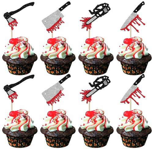 Xsstarmi Confezione da 24 topper per cupcake a forma di coltello di Halloween, con coltello di sangue, decorazioni per torte di compleanno, decorazioni per feste di compleanno a tema coltello da