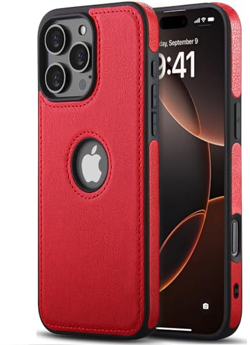 AIOVETEAB Cover Compatibile con iPhone 16 Pro Max,PU Pelle Premium Custodia Slim Sottile Retrò Business Flessibile Antigraffio Case Posteriore Protettiva Per iPhone 16 Pro Max,Rosso