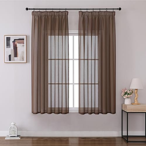 Joydeco 2er Set H145 x B140 cm Braun Transparente Kurz Schien Gardinen Sheer Voile Vorhänge für Schienensystem mit Kräuselband Vorhang Polyester Durchlässig Curtains Modern Schlafzimmer Wohnzimmer