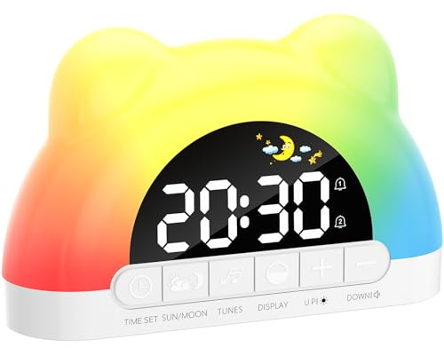 VOSFEEL Kinderwecker,Wecker Digital mit 11 RGB Farb Nachtlicht 5 BILDSCHIRMHELLIGKEIT Dual Alarms