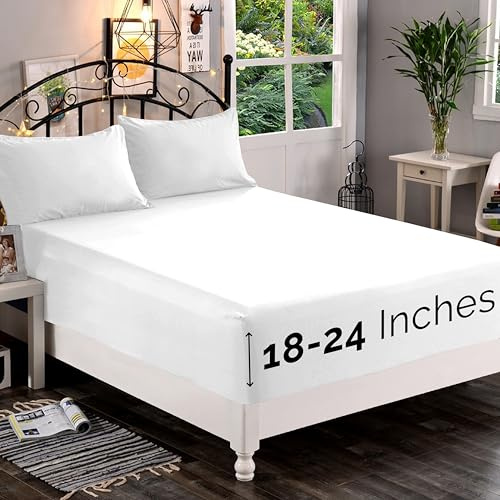 Elegant Comfort 1500 Premium Quality Fitted Sheet Ultra Soft 18-24 Inch Extra Deep Pocket - Single Fitted Sheet for High Mattress - Wrinkle Free with Smart Storage Pockets, Full, White