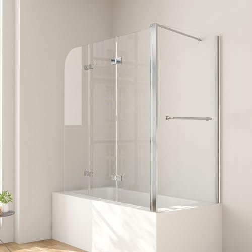 Duschwand für Dusche mit Seitenwand 3-teilig Faltbar 75 x 120 x 140 cm,Duschaufsatz für Badewanne Faltbar Silber 6mm Nano Beschichtung Badewannenfaltwand