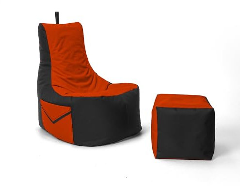Nadimaideal Gaming Sitzsack XXL mit Hocker für Kinder, Teenager & Erwachsene | Indoor & Outdoor | Bodenkissen - Sessel - Beanbag bereits gefüllt | Füllung EPS Perlen (Neonorange, Zweifarbig)