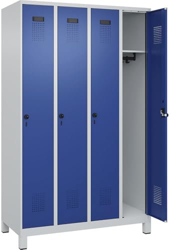 C + P Möbelsysteme C+P | Spind Evolo Plus | 4 Abteile | lichtgrau/enzianblau | B 1200 mm | mit Breiten Füßen | Drehriegel