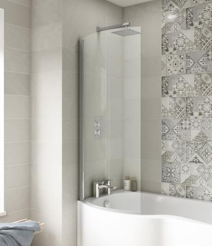Affine® 1435 x 720mm Chrome Over Bath Shower Screen Hinged Pivot Panels & Screens for Baths Bathroom Frameless P-Shaped Curved 6mm Safety Glass