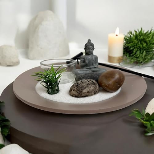 pf+a Mini Zen Garden Set with Buddha Statue, Tealight Holder, Decorative Stones, Grey Plate and Sand